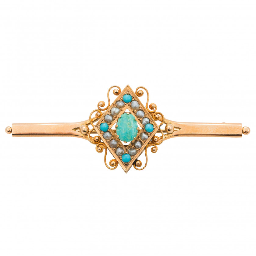 Gold brooch with pearls and turquoises