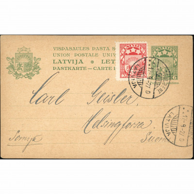 1927, Latvia, International postal card sent...