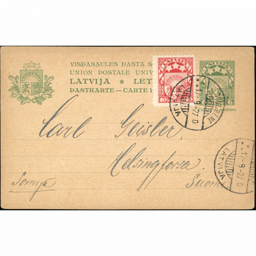1927, Latvia, International postal card sent from the provincial town of Vecgulbene (present-day Gulbene, Latvia)