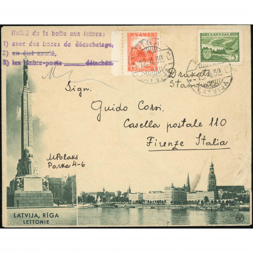 1939, Latvija, Starptautiska skatu vēstule, kas nosūtīta no Rīgas uz Florenci (Itālija)