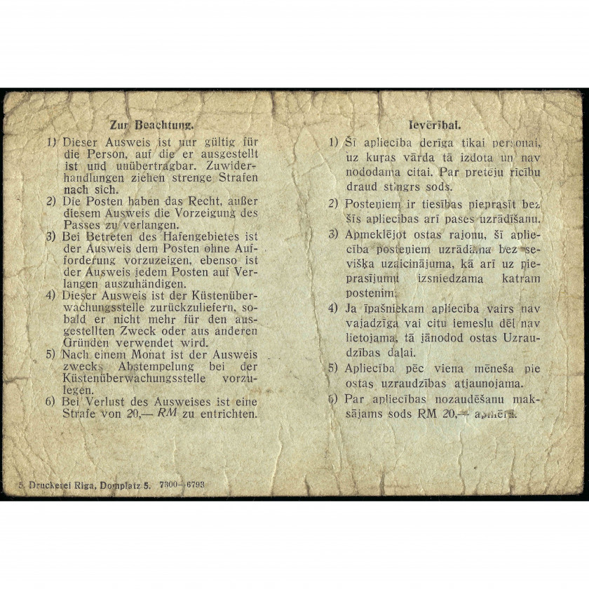 1944. gada maijā okupētajā Rīgā izdota apliecība (Ausweis)