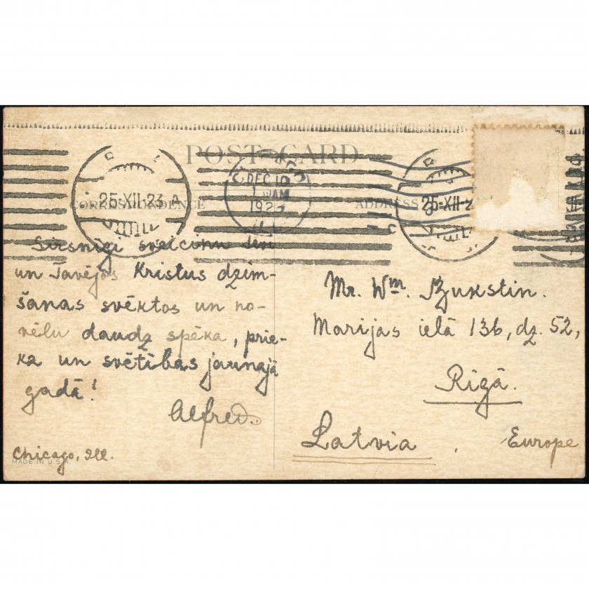 1923, United States , Transatlantic Christmas Postcard: Chicago to Riga. Rare Arrival Cancel Exactly on Dec 25th!