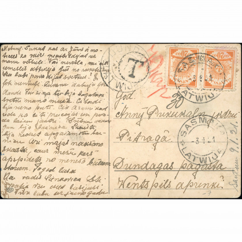 Vācijas izdevniecība EAS (sirds logotips): Ziemassvētku vecītis mežā. 1921. gada pasts Sasmaka – Pitrags ar sarkanu "T" (porto) zīmogu
