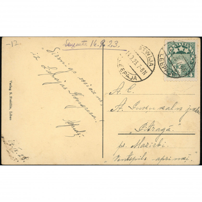 Vietējais izdevums S. Freidlin (Libau): Liepājas bāka (Der Leuchtturm). 1923. g. pasts no "Liepājas kongresa" uz Pitragu