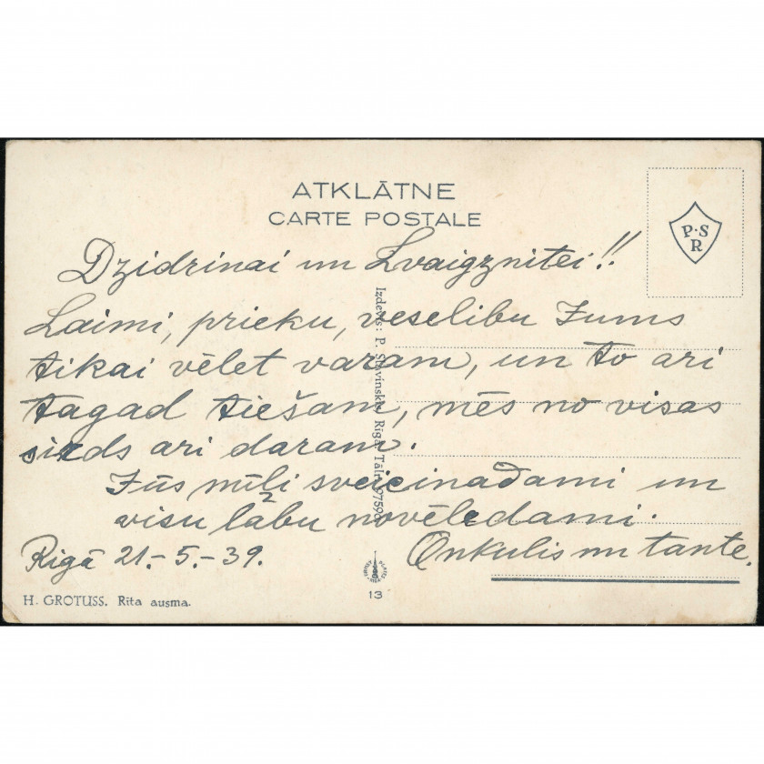 P. Stivriņš Publisher (Art Postcard): H. Grotuss, "Morning Dawn". Handwritten letter (1939)