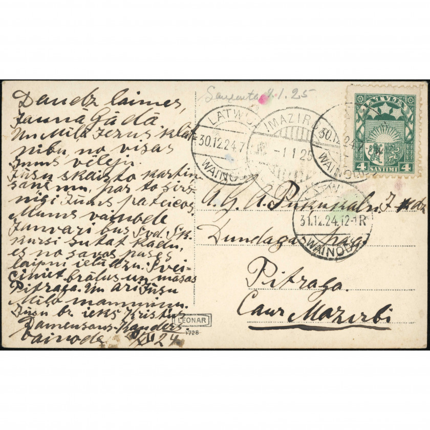 Leonar (Religious Postcard): White dove, black bird, and sheet music. Mailed in 1924 (Pitrags)