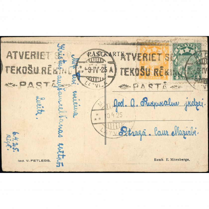 V. Fetlers (Religious Postcard): Person kneeling at the cross and sheet music. Mailed in 1925 (Riga)