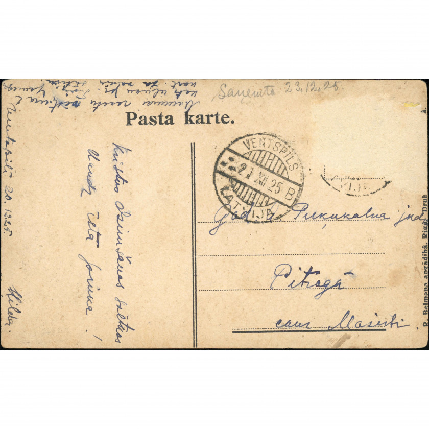 R. Belmanis (Christmas Postcard): Circular winter landscape with a house, pond, and poem. Mailed in 1925 (Ventspils)