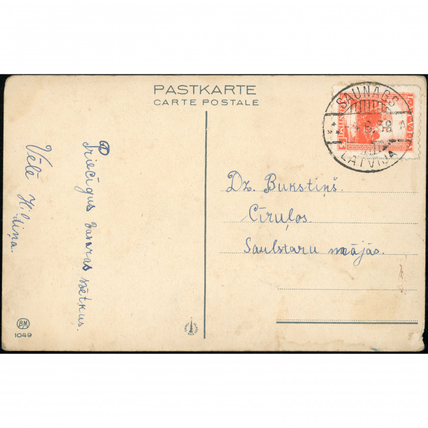 Izdevējs Ernst Plates (Ziedu atklātne): Dālijas. Sūtīta no Saunaga uz Cīruļiem, 1938. g.