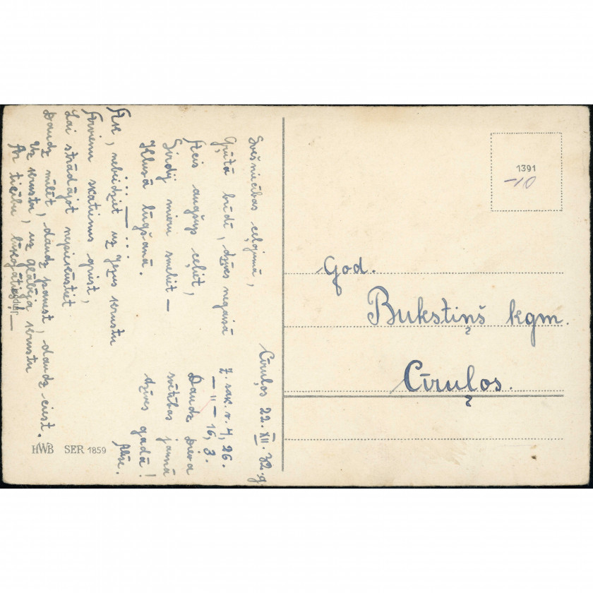 HWB Publisher (Floral Postcard): Tulips and forget-me-nots. Hand-delivered in Cīruļi, 1932