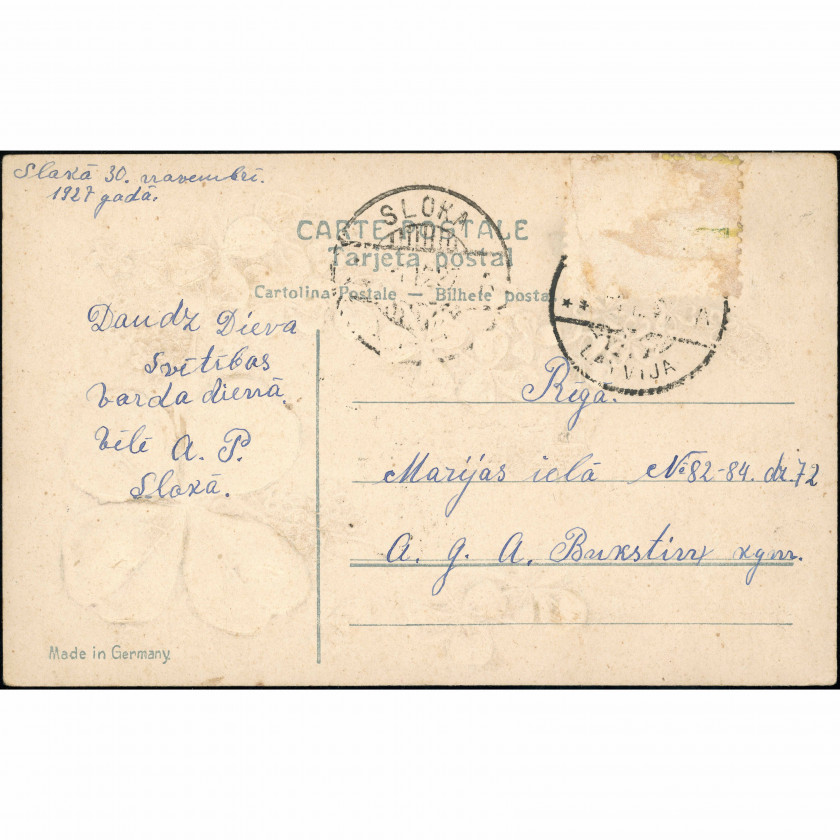 Made in Germany (Clover Postcard). Mailed from Sloka to Riga, 1927
