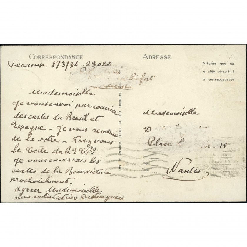 Fécamp (Falaise d'Amont, France), year: 1934 (dated in message), publisher: Lévy et Neurdein Réunis (Paris).