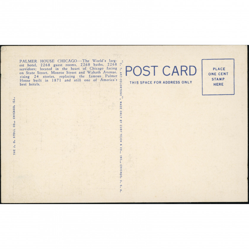 Чикаго (отель Палмер Хаус, Иллинойс, США), год: 1933 (по коду Curt Teich), издатель: Curt Teich & Co. / The J. O. Stoll Co. (Чикаго).