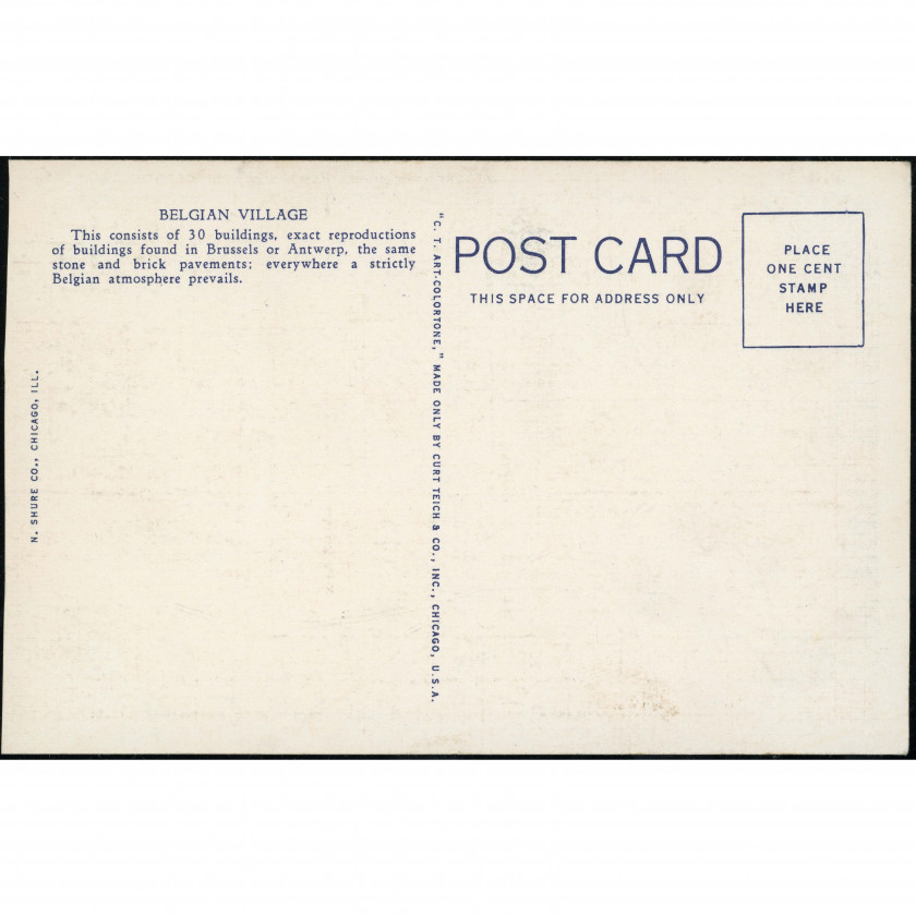 Chicago (Belgian Village, World's Fair, Illinois, USA), year: 1934 (Curt Teich code), publisher: N. Shure Co. / Curt Teich & Co. (Chicago).