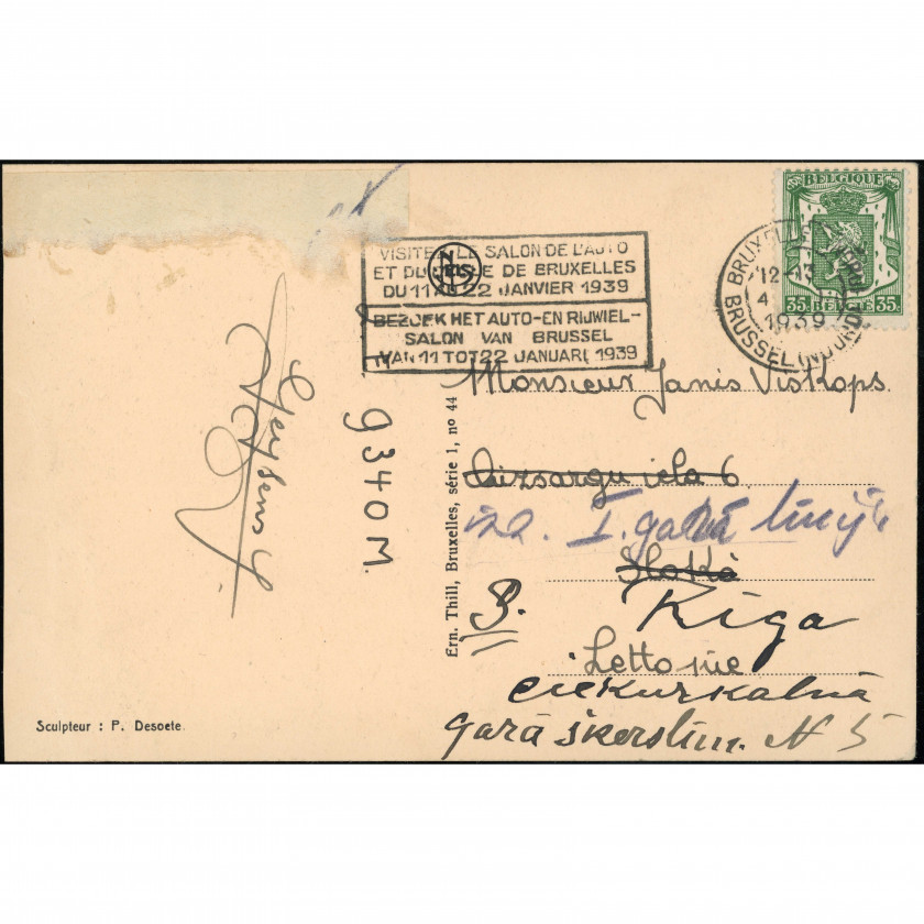 Brisele (Piemineklis Beļģijas lidotājiem, Beļģija), nosūtīšanas gads: 1939. gada 12. aprīlis, izdevējs: Ern. Thill / NELS.