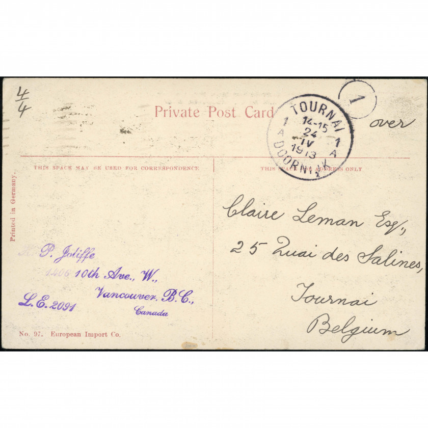 Ванкувер (Библиотека и Доусон-Блок, Канада), дата отправки: 11 апреля 1913 г., издатель: European Import Co. (Printed in Germany).