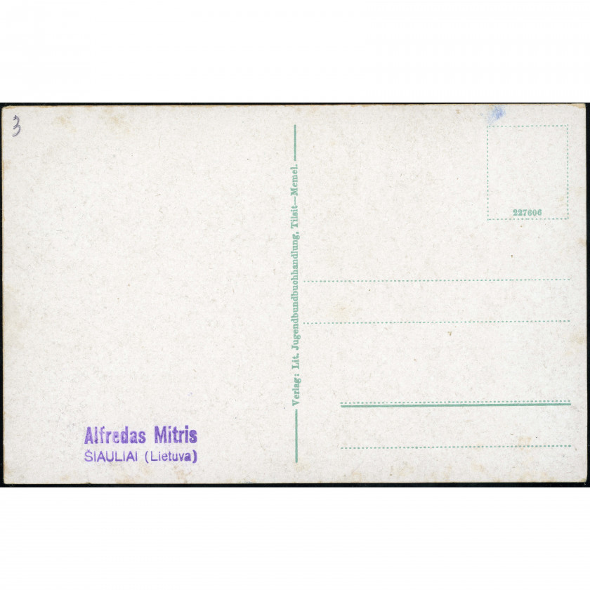 Klaipēda (Mēmele) (Lietuva) — Cietokšņa grāvis ar ķēžu tiltu (Festungsgraben mit Kettenbrücke), periods: 1920.–1930. gadi, izdevējs: Lit. Jugendbundbuchhandlung, Tilsit—Memel (aizmugurē zīmogs: Alfredas Mitris, Šiauliai).