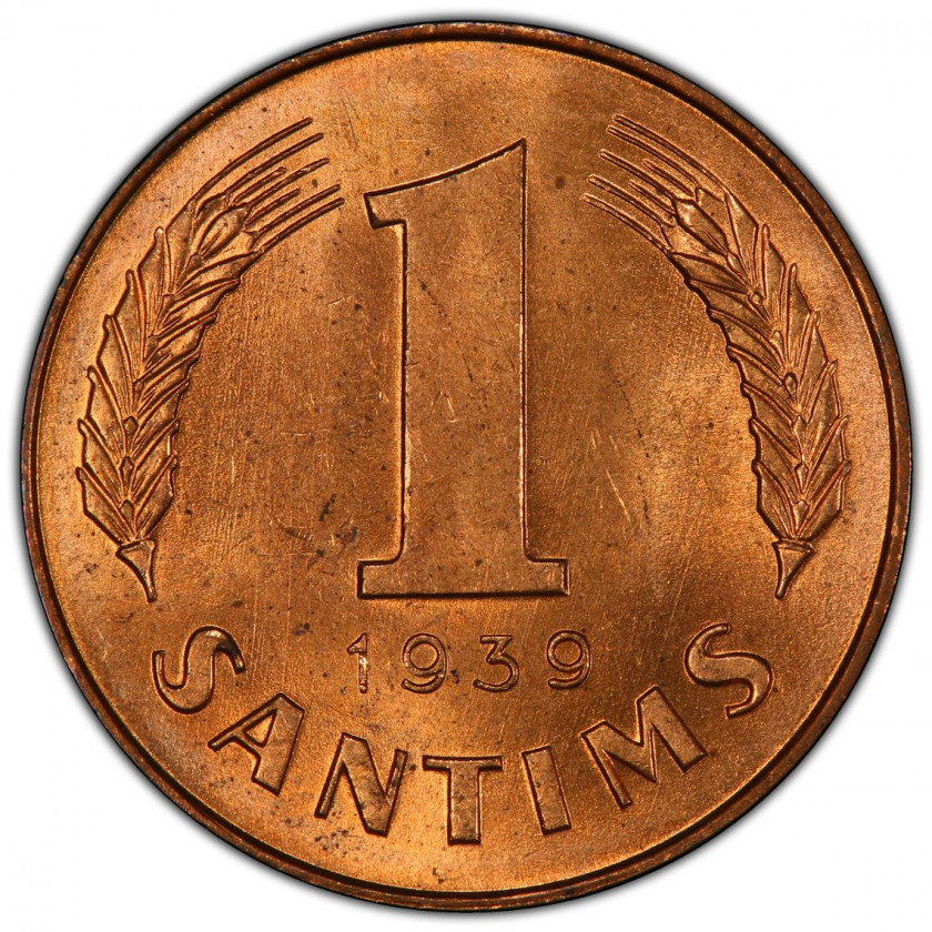 Coin in PCGS slab "1 santims 1939, MS 65 RD"