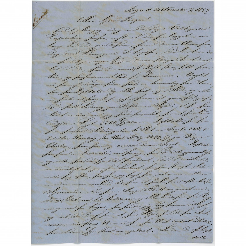 1857, Latvija (Krievijas Impērija), Salocīta komerciāla vēstule, kas nosūtīta no Rīgas uz Kopenhāgenu (Dānija)