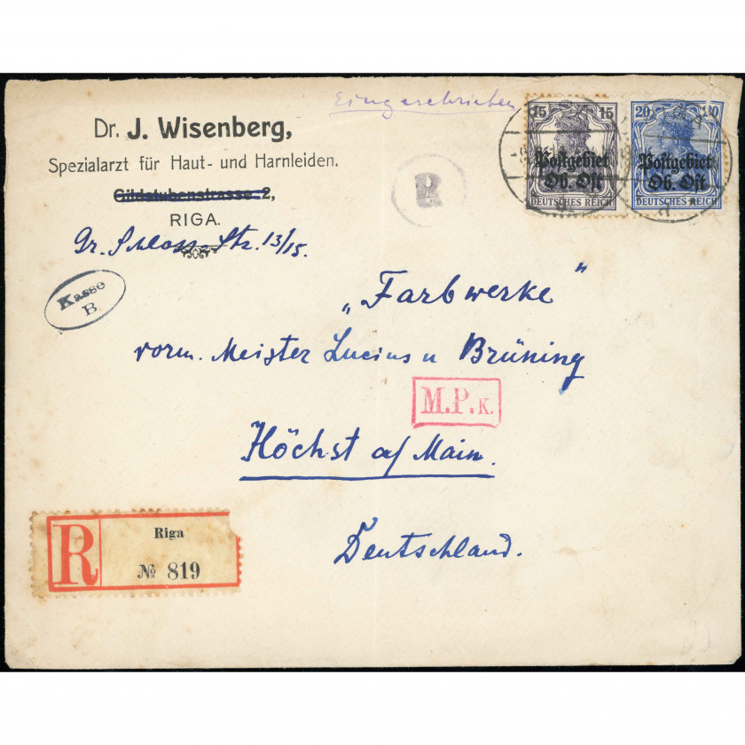 1910.gadi, Latvija (Krievijas Impērija), Pirmā pasaules kara laika ierakstīta komerciāla vēstule, kas nosūtīta Vācijas okupācijas laikā no Rīgas (Ober Ost periods)