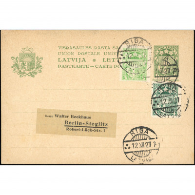 1927, Latvia, International postal card sent...
