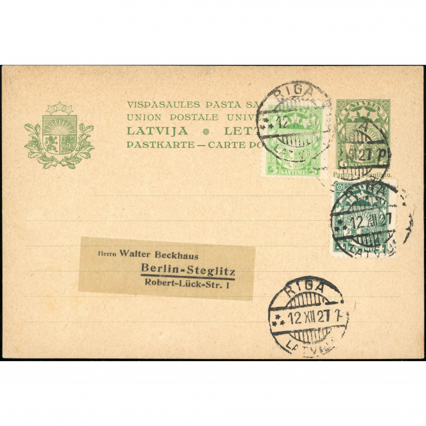 1927, Latvia, International postal card sent from Riga to Berlin, Germany
