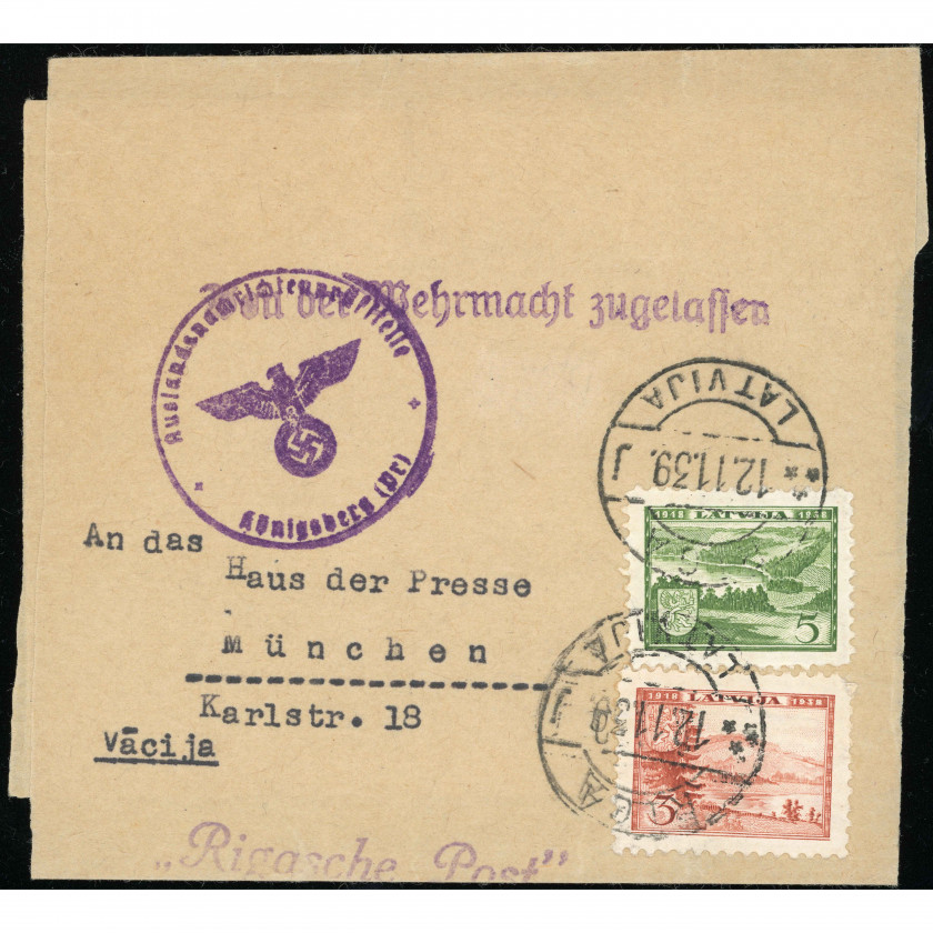 1939, Latvia, International printed matter mailing sent from Riga to Munich, Germany