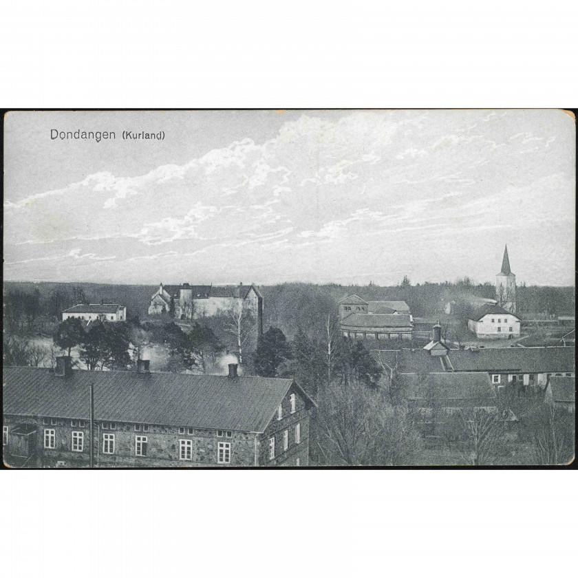 Izdevējs M. Grünwald (Pirms 1917. g.): Dundagas panorāma (Dondangen, Kurland), pils un baznīca. Tīra