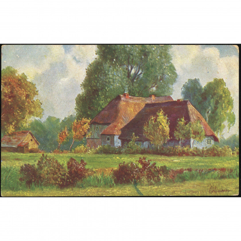 Printed in Germany Publisher (Art Postcard): Pastoral Landscape, Thatched Roof House. Handwritten letter to Pitrags (1919)
