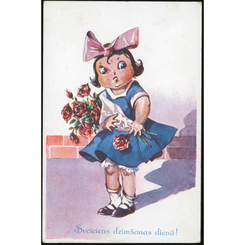 Izdevējs A. Šmakenburg (Apsveikuma atklātne): Meitenīte ar rozēm. Vēstule skolniecei Saunagā (1941. g.)