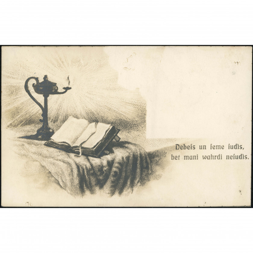 Unknown Publisher (Religious Postcard): Bible and lamp. Handwritten message (1910s-1920s)