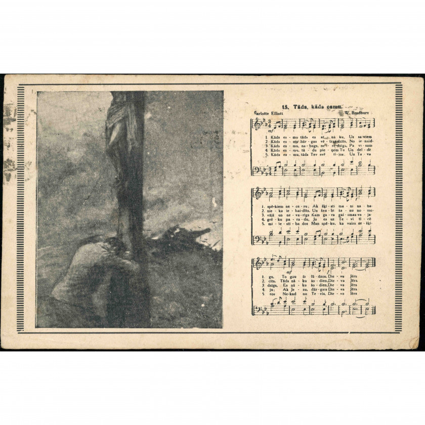 V. Fetlers (Religious Postcard): Person kneeling at the cross and sheet music. Mailed in 1925 (Riga)