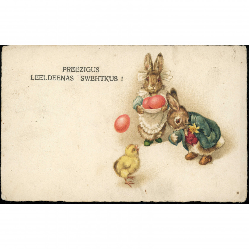 Publisher logo 'P' (Easter Postcard): Bunnies and chick. Hand-delivered in Pitrags, 1922