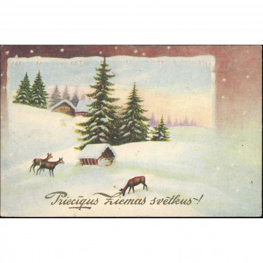 G. Ķillerts / Ernst Plates Publisher (Christmas Postcard): Roe deer at a feeder. Railway post, 1936
