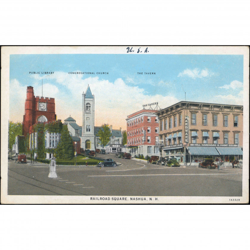 Nashua (Railroad Square, New Hampshire, USA), year: 1931 (Curt Teich code), publisher: American Art Post Card Co. (Boston) / Curt Teich (Chicago).