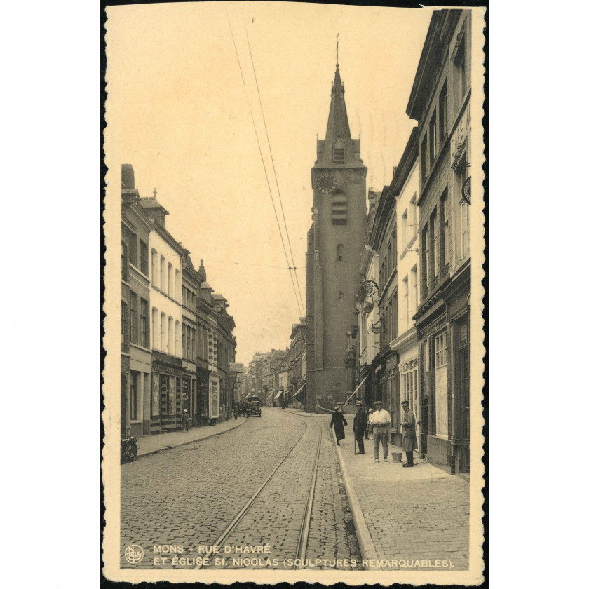 Mons (Rue d'Havré and St. Nicolas Church, Belgium), year mailed: April 1, 1938, publisher: Ern. Thill / NELS (Brussels).