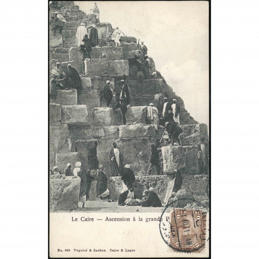 Cairo (Egypt) — Ascending the Great Pyramid, period: 1900s–1910s, publisher: Vegnios & Zachos (Cairo & Luxor).