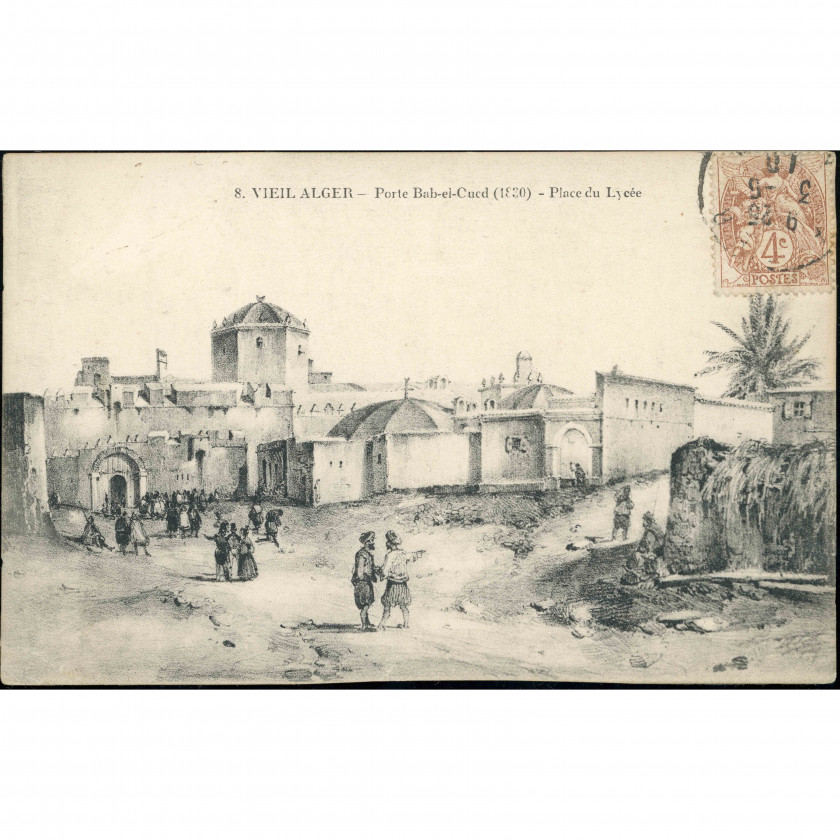 Alžīra (Alžīrija) — Vēsturisks Bab-el-Uedas vārtu skats 1830. gadā, perioda datējums: Vecas gravīras reprodukcija, izdevējs: nav norādīts.