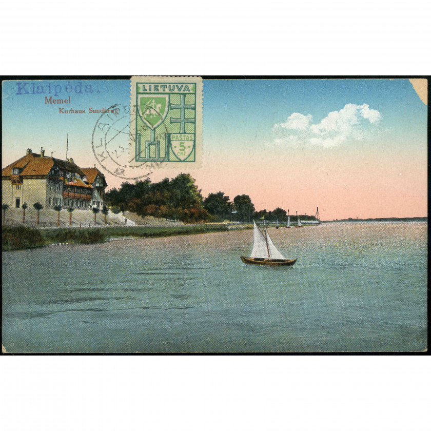 Klaipėda (Memel) / Smiltynė (Lithuania) — Kurhaus Sandkrug and sailboat on the Curonian Lagoon, period: 1920s–1930s (interwar period), publisher: Unknown (No. 93532).