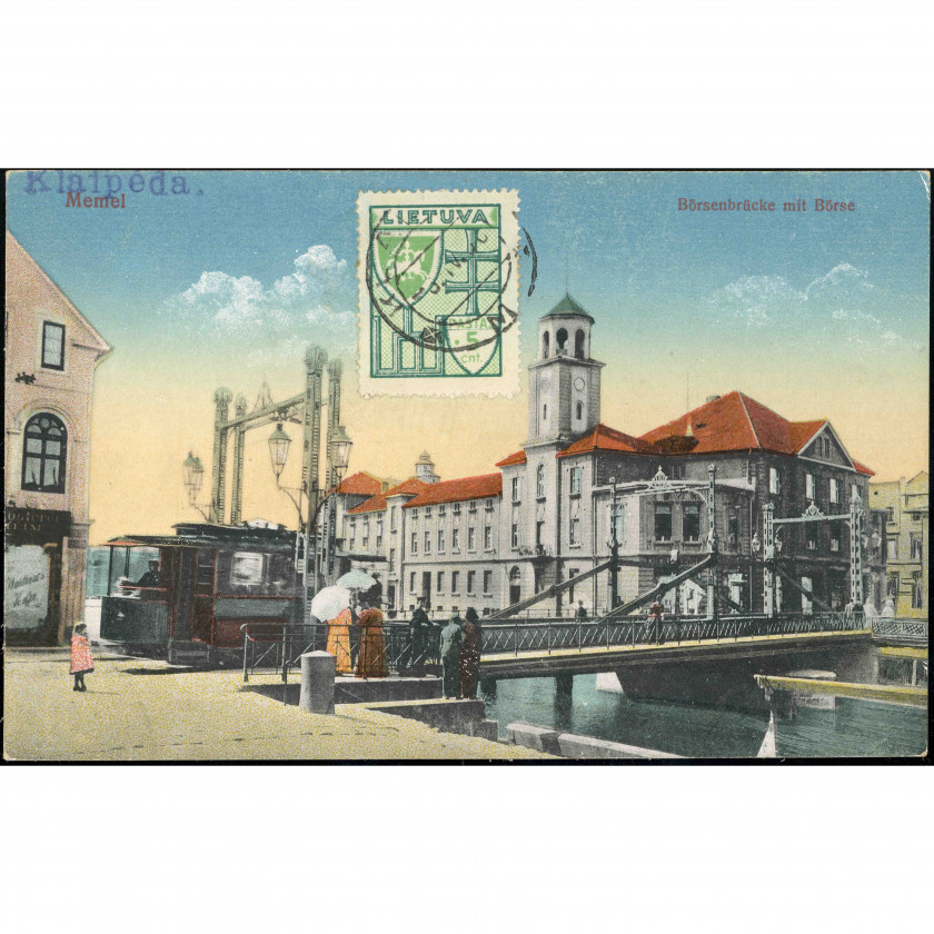 Klaipēda (Mēmele) (Lietuva) — Biržas tilts un Biržas ēka (Börsenbrücke mit Börse) ar tramvaju, periods: 1920.–1930. gadi, izdevējs: Lit. Jugendbundbuchhandlung, Tilsit—Memel (aizmugurē zīmogs: Alfredas Mitris, Šiauliai).