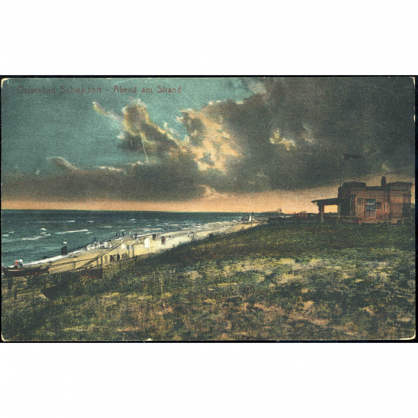 Juodkrantė (Schwarzort) (Lithuania, Curonian Spit) — Evening on the beach (Ostseebad Schwarzort – Abend am Strand), period: 1920s–1930s, publisher: Verlag Robert Schmidts Buchhandlung, Inh. Rich. Krips, Memel