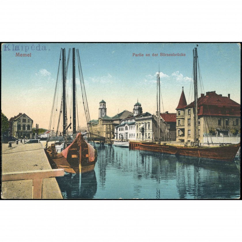 Klaipėda (Memel) (Lithuania) — View near the Exchange Bridge with boats on the Danė River (Partie an der Börsenbrücke), period: 1920s–1930s, publisher: Lit. Jugendbundbuchhandlung, Tilsit—Memel (stamp on the back: Alfredas Mitris, Šiauliai).
