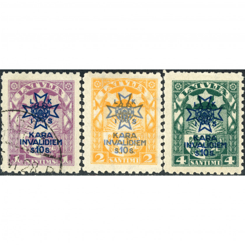 1923, Latvia, 1+10s-4+10s, Solovjovs #117-#119 / Michel #100-#102, Litogrāfija, Ar zīmogu, P11.5