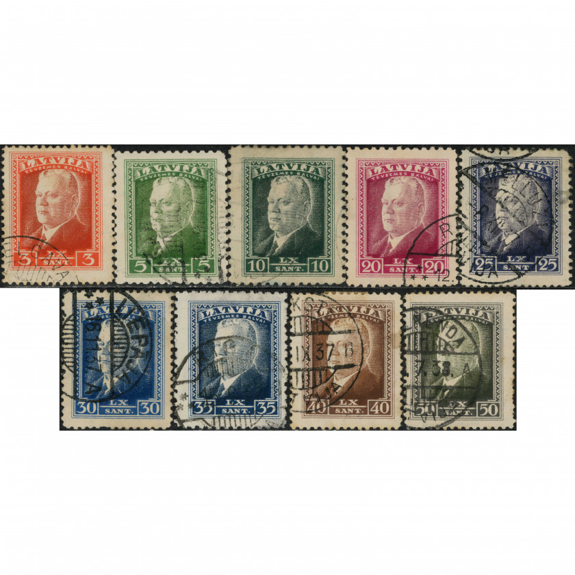 1937, Латвия, 3s-50s, Соловьев #247-#255 / Мишель #253-#261, Литография, ВЗ, P11.5