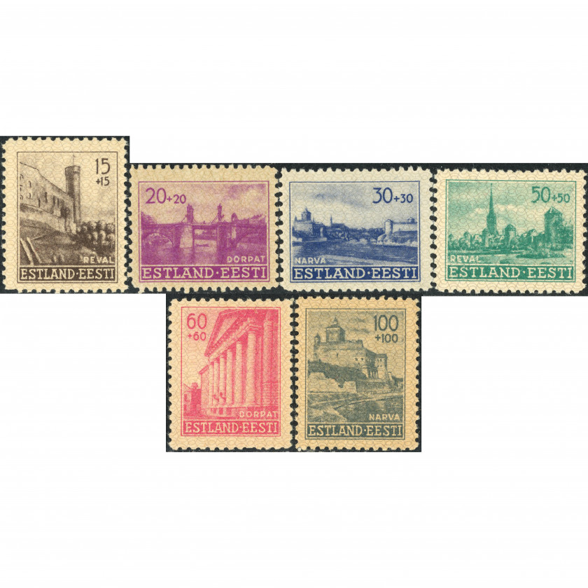 1941, Igaunija, 15k+15k-100k+100k, Solovjovs #4-#9 / Michel #4-#9, Dobspiedums, Bez zīmoga, P11