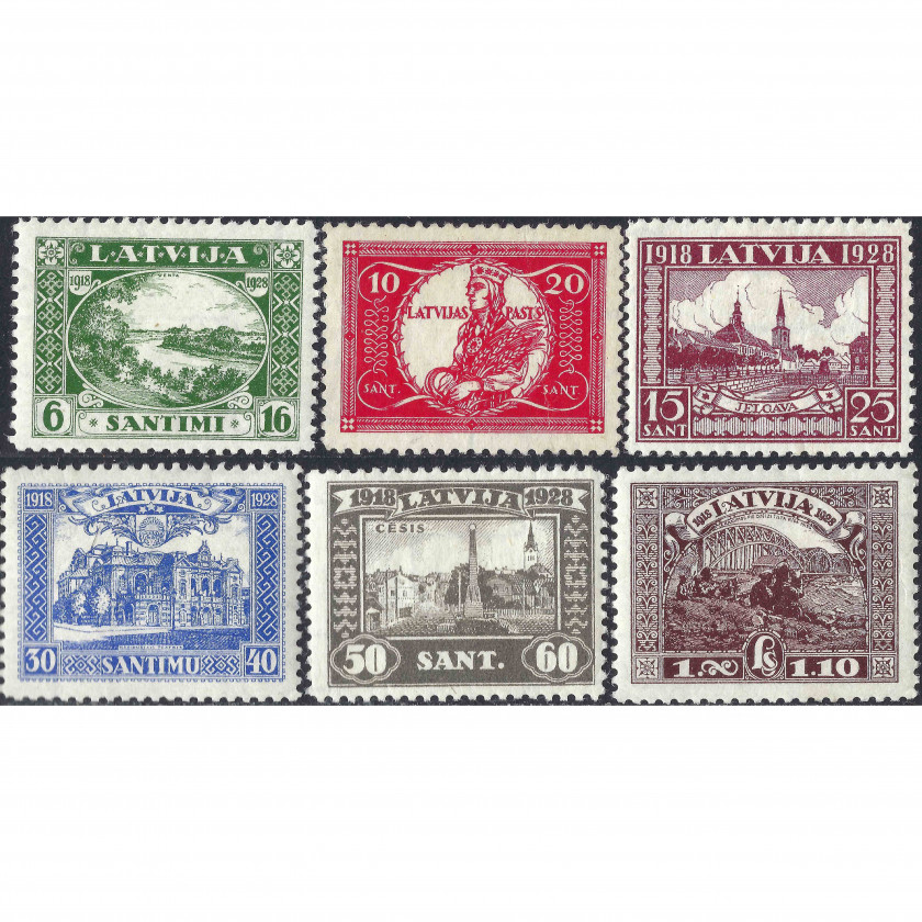 1928, Латвия, 6+16s-1+1.10L, Соловьев #145-#150, Литография, ВЗ, P11½