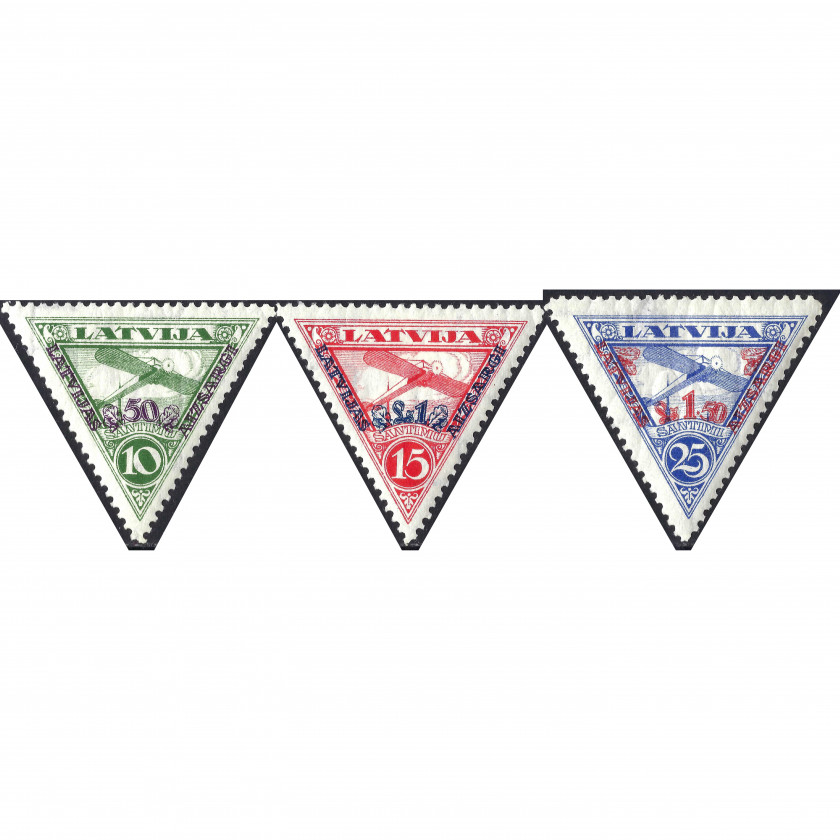 1931, Латвия, 50/10s-1.50L/25s, Соловьев #184-#186, Литография, ВЗ, P11½, Авиапочта