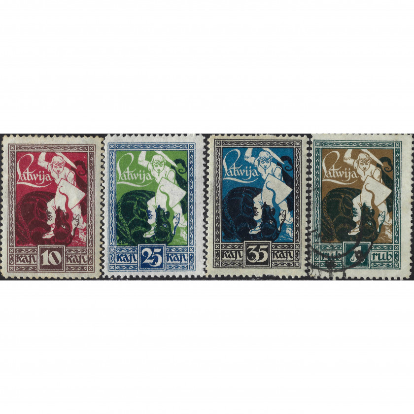 1919, Латвия, 10k-1Rub, Соловьев #34-#37, Литография, Без ВЗ, P11.5
