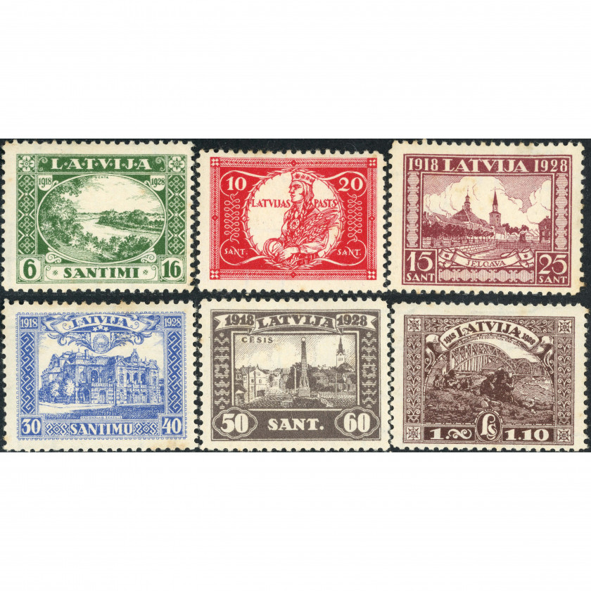 1928, Latvia, 6s-1L, Solovjovs #145-#150 / Michel #138A-#143A, Litogrāfija, Ar zīmogu, P11.5