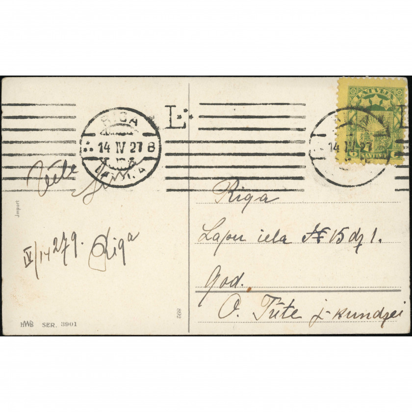 1927, Latvia , Easter Postcard: Colorful Eggs & Violets. Riga Machine Roller Cancel
